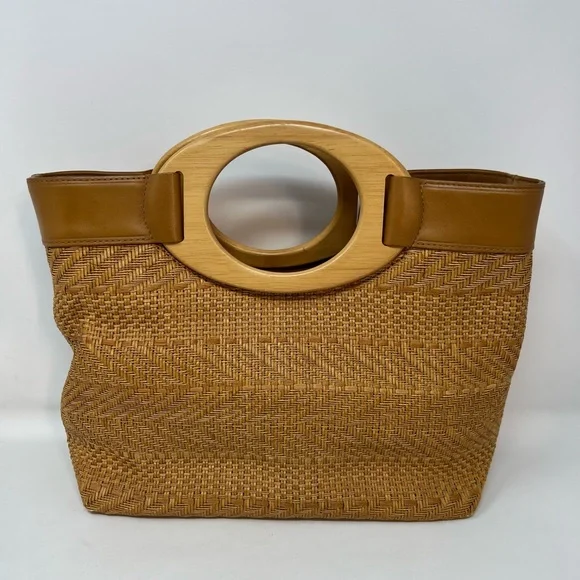 Fossil Handbag Wooven Straw Wood Handle Vintage Y2K Tan Aztec Like Pattern - Picture 2 of 8